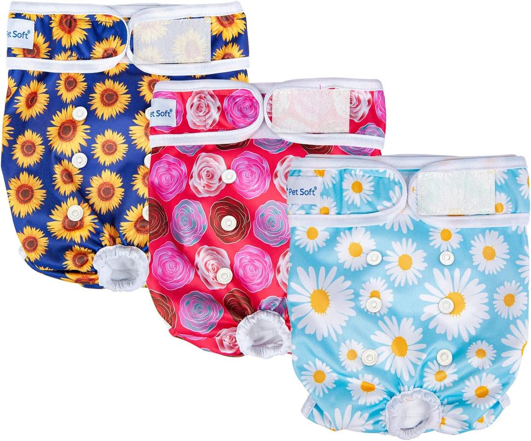Pet Soft Female Dog Diapers, 3 Pack Washable Dog Diapers for Dogs in Heat, Reusable Dogs Period Panties, Puppy Diapers Female (Flowers, X-Large)