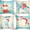 4 Pcs Christmas Sealife Coastal Pillow Covers Coastal Christmas Decoration Linen Throw Pillow Covers Sea Ocean Nautical Decorative Pillowcase for Couch Outdoor Sofa Living Room(18 Inch)