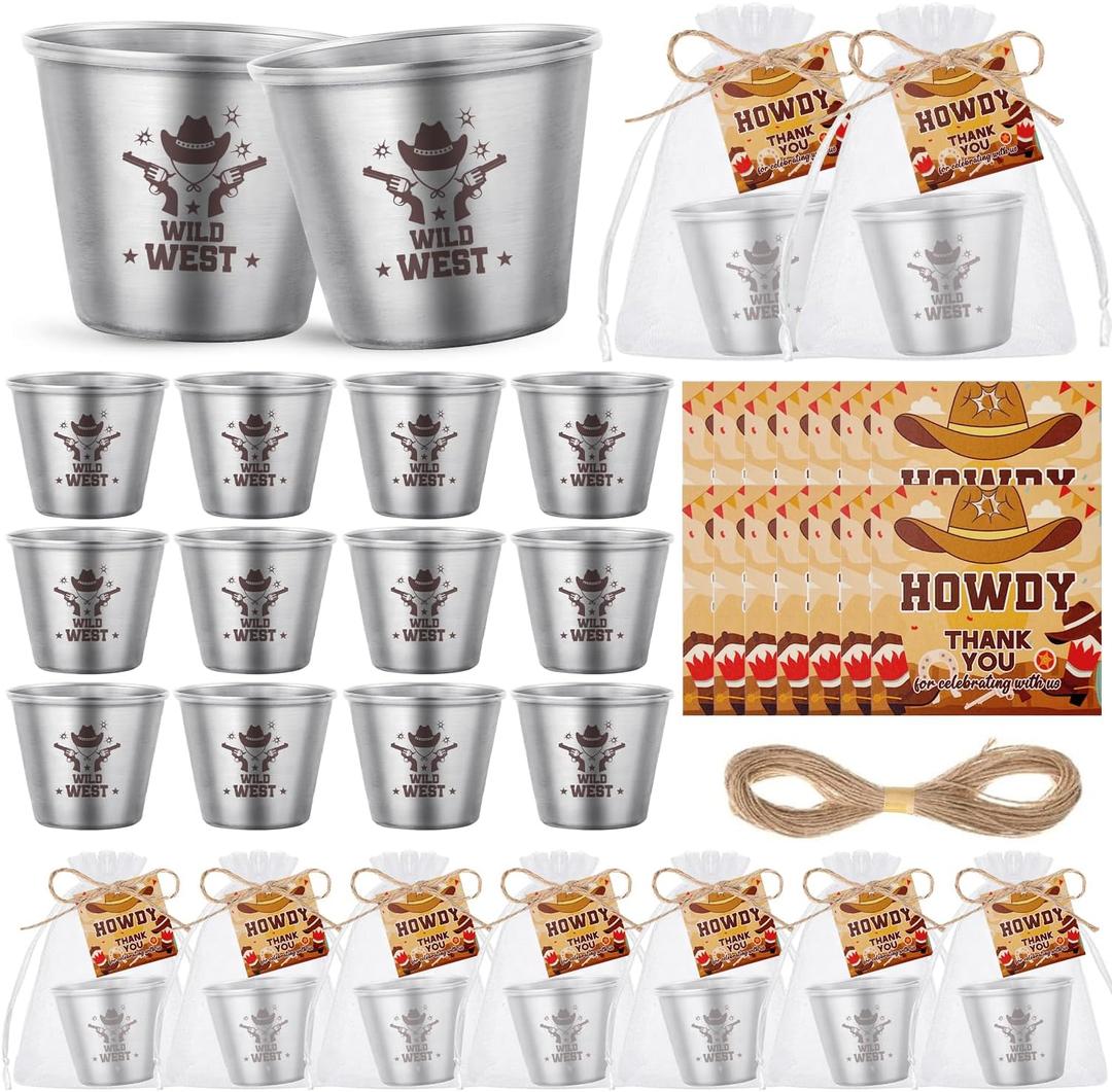 YumSur Western Themed Shot Glasses Set, Stainless Steel Cowboy Shot Glasses with Thank You Cards and Organza Bags, 24 pcs Cowboy Props Party Supplies