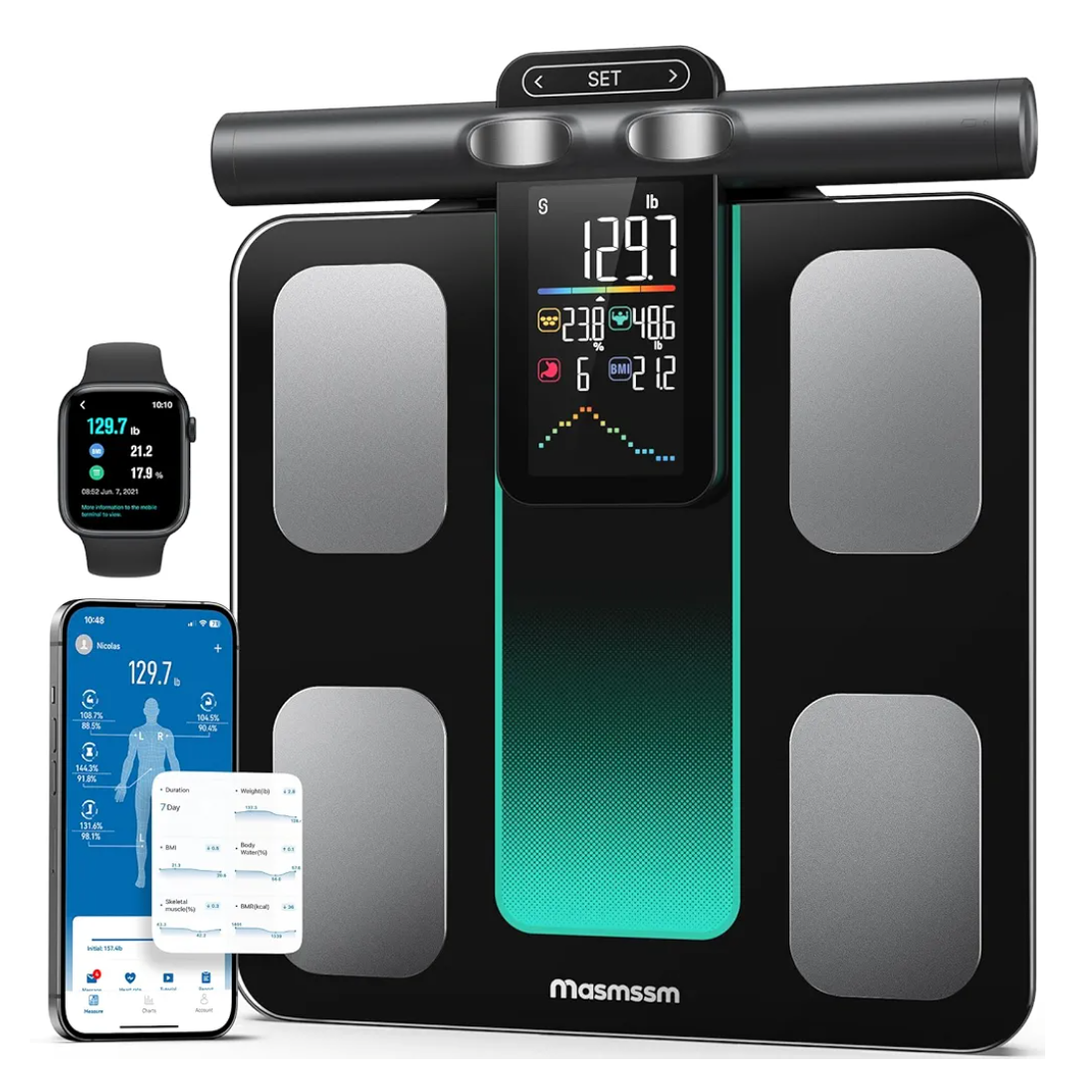 Scale for Body Weight 8 Electrodes Dual Frequency BIA Measurement Digital Bathroom Scale with Handle VA Display 28 Body Metrics Compatible with iOS & Android