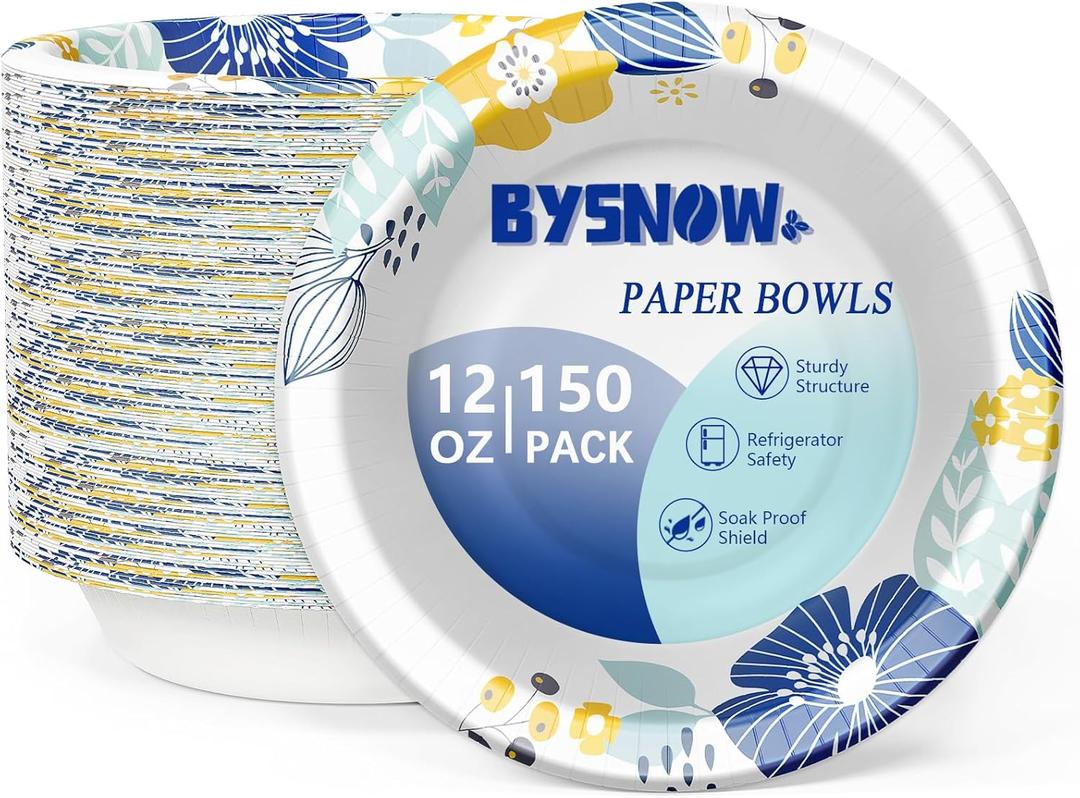150 Packs Paper Bowls, 12 oz Disposable Bowls, Heavy Duty Paper Bowl for Hot Soup and Salad, Bulk Bowls for Party and Picnics