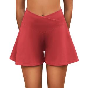 Flowy Shorts for Women with Pockets,Womens High Waisted Crossover Tennis Skorts Running Athletic Shorts (Large, Red)