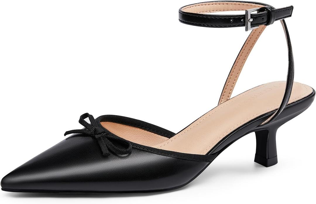 Coutgo Satin Kitten Low Heels with Bow Closed Pointed Toe Short Pumps Dress Wedding Party Shoes, Size 7