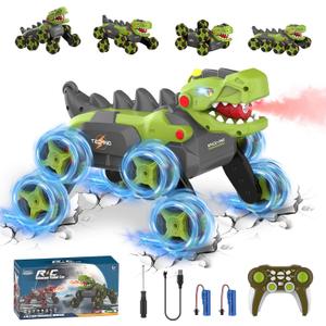8 Wheels Dinosaur Transform RC Stunt Car - 2.4Ghz Remote Control Dinosaurs Monster Truck with Transforming & Spray & 360 Rotation, Dinosaur Toys for Kids 5-7 8-12, Boy Christmas Birthday Gift Age 4-6 (Green)