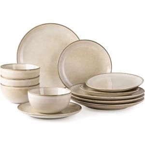 GBHOME Ceramic Dinnerware Sets for 4, 12 Pieces Stoneware Plates and Bowls Sets, Reactive Glaze Dishes -Scratch Resistant, Dishwasher Microwave Safe-Cappuccino