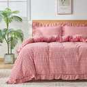 kisswish Gingham Duvet Cover Twin Size, 2 Pieces Soft Breathable Microfiber Plaid Comforter Cover with Zipper Closure & 1 Pillow Shams, Ruffle Farmhouse Vintage Decor, Red