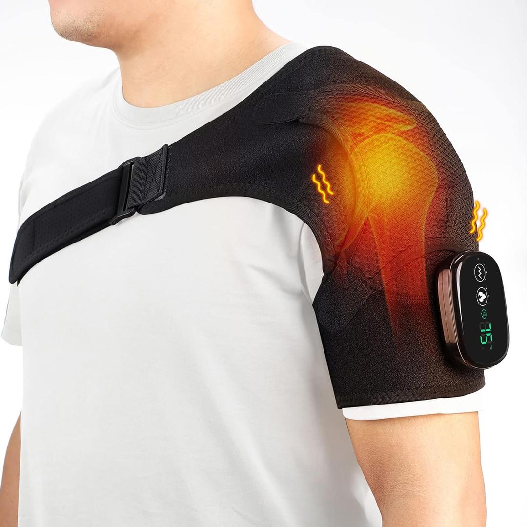 Cordless Shoulder Heating Pad with Massage, FSA Eligible HSA Approved Heated Shoulder Brace Wrap with Vibration, Shoulder Massager Rotator Cuff Heating Pad for Office Home Travel (Black)