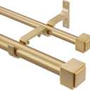 Double Curtain Rods with Square Heavy Duty Aluminum Alloy Finials - 72-144' Telescoping Rods, 1 Inch Front and 5/8 Inch Back - Warm Gold