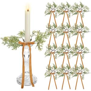 12 Pcs Christmas Pine Taper Candle Rings Wreaths with Velvet Bow Ribbon 1.38 Inch Mini Taper Candle Holder Decorations for Xmas Holiday Church Home Table Centerpiece Candlesticks