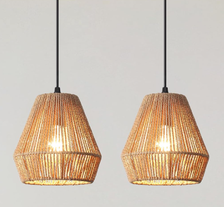 2 Pack Woven Pendant Light Kitchen Island 6.7" Boho Pendant Lights Fixture Rustic Hanging Lamp with Hand-Woven Rattan Shade Farmhouse Coastal Hanging Light for Bedroom Dining Room Foyer Hallway
