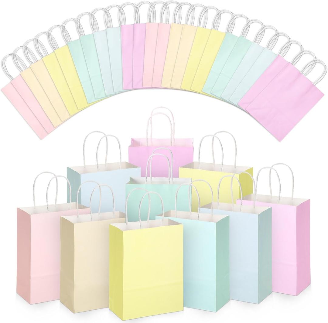 Skyygemm 32 Pcs Paper Gift Bags Bulk with Handle, 6.3 x 3.2 x 8.6 Inch Assorted Colors Kraft Goodie Candy Treat Gift Wrap Bags for Carnival Valentine Birthday Party Favor(Pastel Color)