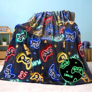 Joiedomi Glow in The Dark Gaming Blanket Gamer Gifts for Boys Age 2 3 4 5 6 7 8 9 10 11 12 Year Old, Soft Cozy Flannel Kids Throw Blanket, Birthday Bedroom Decor Grey 50"60"