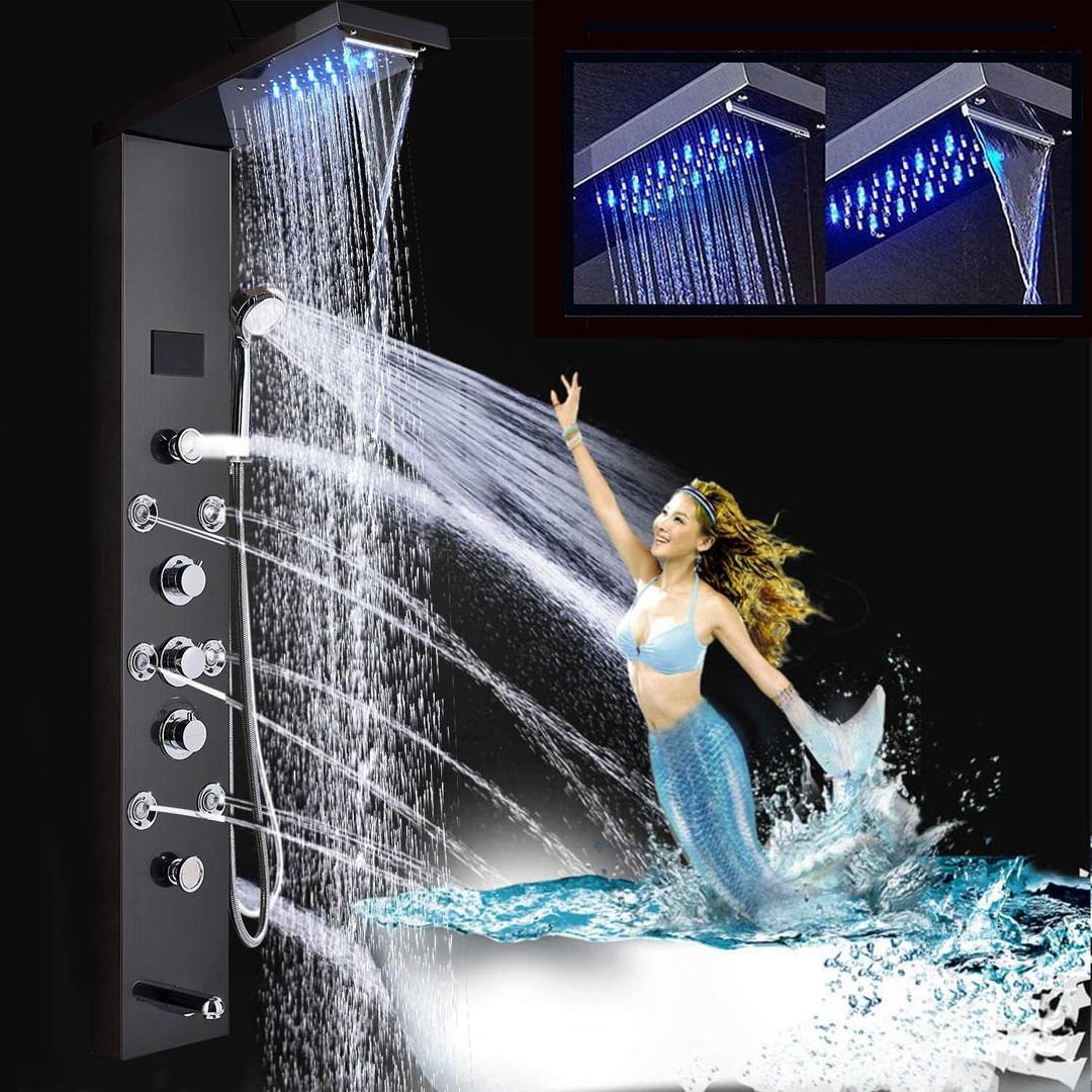 FUZ Contemporary Shower Panel Tower System Stainless Steel 6-Function Faucet LED Rainfall Waterfall Shower Head + Handheld Sprayer + Rain Massage Body Jets + Tub Spout, Black.