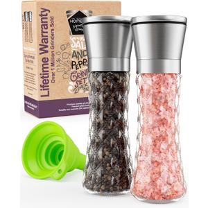 Home EC Original Stainless Steel Sea Salt and Pepper Grinder Set of 2 - Adjustable Ceramic Grinder - Diamond Pattern Glass - Salt and Pepper Shakers - Kitchen Spice Mill - Modern Kitchen Accessories