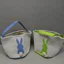 Easter Bunny Basket Easter Bucket Egg Hunt Basket for Kids, Canvas Rabbit Print Basket w. Fluffy Tail, Candy Egg Toy Easter Basket Tote w. Handle (Blue New+Green New)
