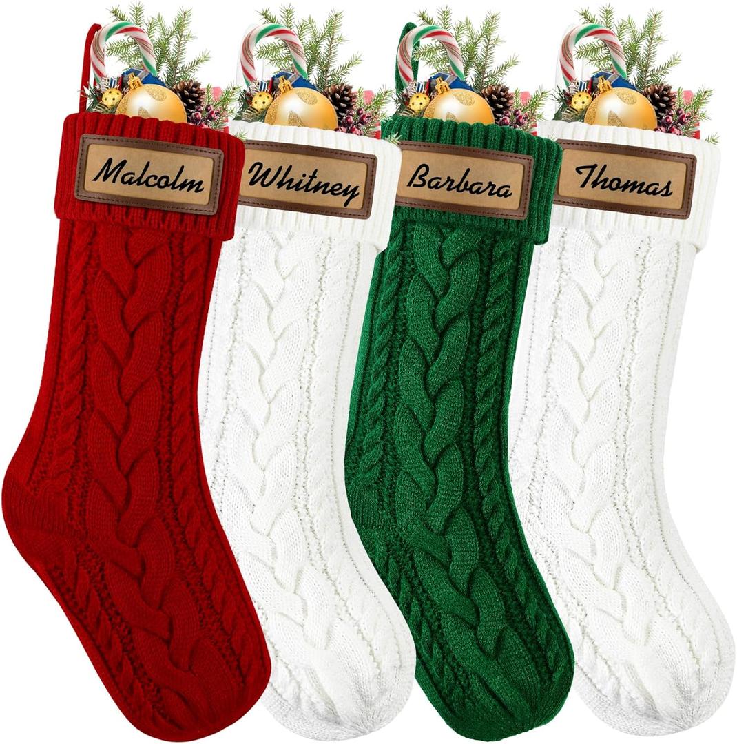 4Pack Christmas Stocking with Leather Patches18 Personalized Hanging Large Cable Knitted Custom Name Xmas Red Green White Stockings for Christmas Family Party Fireplace Decor