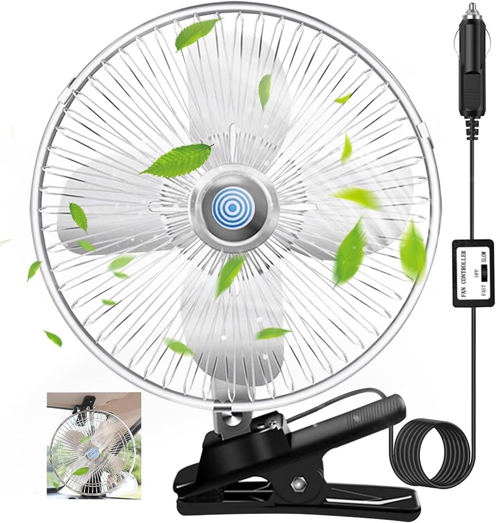10-Inch Silver Cigarette Lighter Fan, Two-Speed Adjustment, 360-Degree Rotation, Clip-On Design 12 Volt Fan, Perfect for Cars, Trucks, RVs and More (Cord Length 6.56FT)