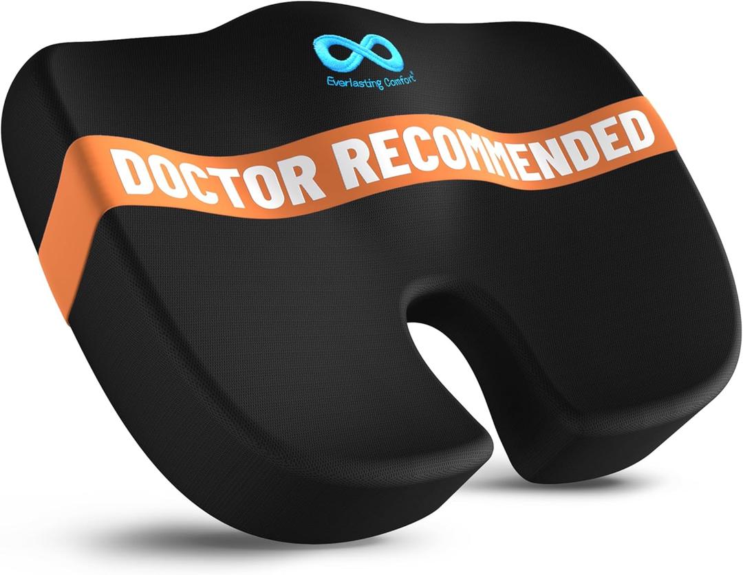 Everlasting Comfort Doctor Recommended Memory Foam Seat Cushion for Office Chairs & Car - Ergonomic Office Desk Accessories - Cushions for Tailbone Pain Relief, Sciatica (Black, Large)