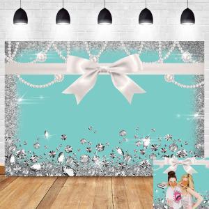 8x6ft Breakfast Blue Bow-Knot Birthday Party Photography Backdrop Sweet 16 Turquoise Diamond Bow Glitter Photo Background Vinyl Bridal Shower Wedding Party Banner Supplies Backdrops Studio Props