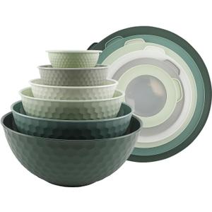 COOK WITH COLOR Mixing Bowls with Lids - 12 Piece Plastic Nesting Bowls Set includes 6 Prep Bowls and 6 Lids, Non Slip Bottom and Embossed Design - Microwave Safe (Sage)