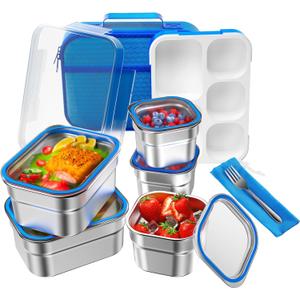 Lunch Box Stainless Steel Bento for Kids Adults Leakproof BPA-Free with Lunch Bag Metal Lunch Containers Tray 5-Compartment with Fork for Boy Food Snack Containers for School Outdoors Navy-Blue