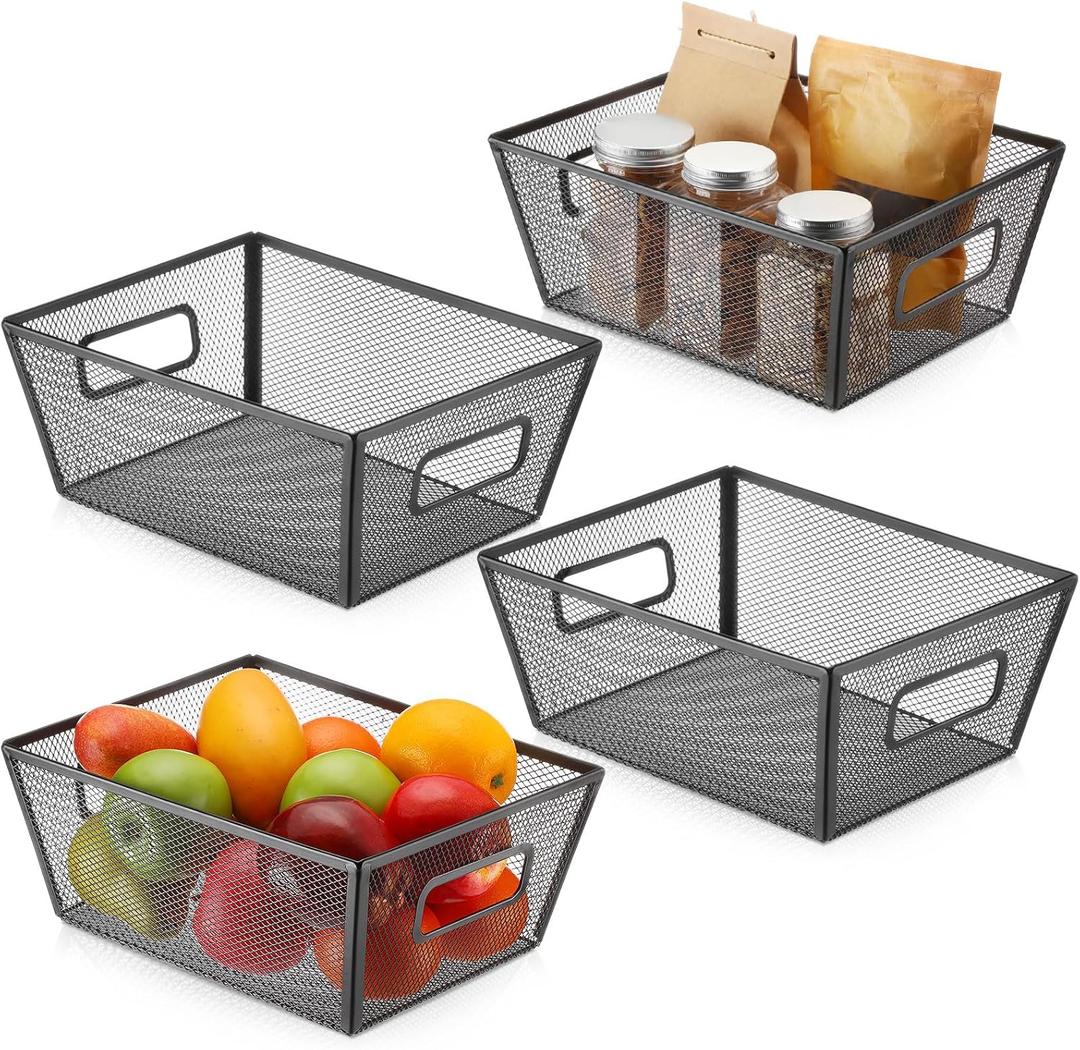 Maxdot 4 Pcs Metal Wire Storage Baskets with Handle 11. 8in Mesh Steel Organizers Bin Containers for Home Organizing Cabinet Pantry Closet Kitchen Fridge Fruit Makeup Snacks Gifts(Black)