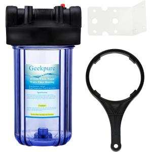 Geekpure 10 Inch Big Clear Water Filter Housing for Whole House Water Filtration with Wrench Bracket -1" Port-4.5" x 10"