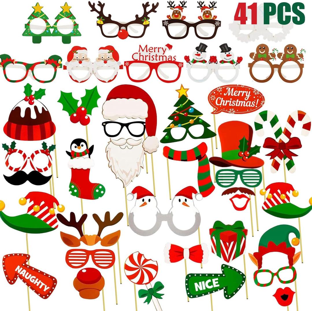 41PCS Christmas Photo Booth Props Party Glasses Set, Christmas Party Supplies Pose Sign Kit for Adults Kids Party Decorations, Party Eyeglasses Xmas Props for Photoshoot Selfie