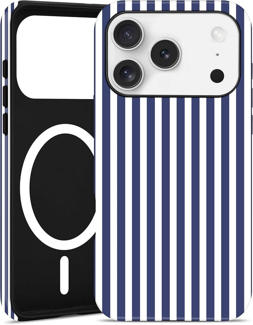 Jusy Compatible with MagSafe Striped Case for iPhone 17 Pro Max, Cute Aesthetic Striped Magnetic Phone Case, Soft TPU and Hard PC Protective Phone Cover for Women Girls（Matte） - Navy Blue