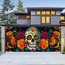13x6ft Da de Los Muertos Garage Door Cover Banner Colorful Sugar Skull Marigold Floral Papel Picado Hanging Backdrop Outdoor Indoor Party Photo Background Decor
