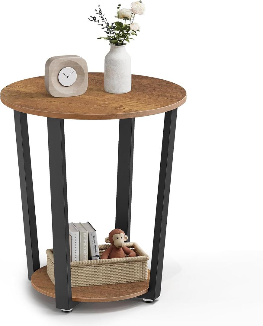VASAGLE Round Side End Table, 2-Tier Accent Bedside Table with Storage Shelf, Easy Assembly, Nightstand for Small Spaces, Living Room, Bedroom, Honey Brown and Ink Black ULET057KB01S, 19.7"Dia. x 22.4"H