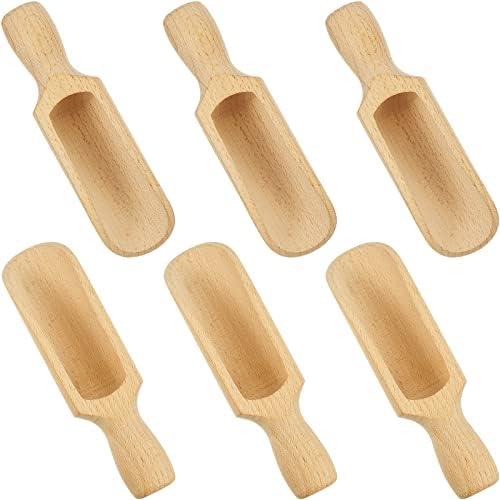 6 Pcs Wooden Scoop 5.5 Inches Beech Wood With Handle - Multipurpose Bath Container for Flour, Tea, Coffee, Seasoning, Cereal, Pepper and More