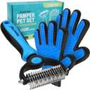Maxpower Planet Pet Grooming Brush and 2X Grooming Gloves Combo - Double Sided Dematting, Deshedding Undercoat Rake for Dogs and Cats - Reduce Shedding Easily - Blue (Large)