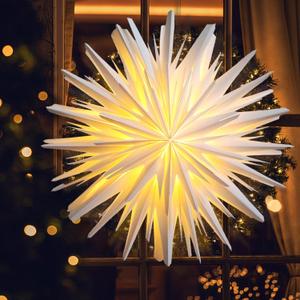 3D LED Paper Star Lantern - Christmas Decorations Indoor, Twinkle Fairy Lights Window Decor, Holiday Party Hanging Lighted Stars Ornaments, 18"  White