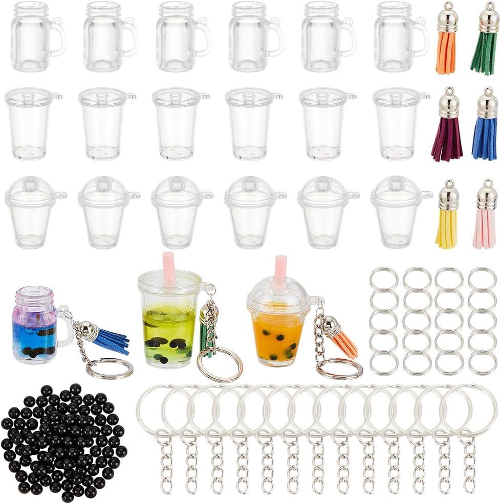 OLYCRAFT 218pcs Mini Cup Keychain Kit NO-Glue Bubble Tea Keychain Accessories Set Bubble Tea Keychains Kit Mini Cup Pendants with Rings Tassels Bubbles Straws for Key Chain DIY Earring Making