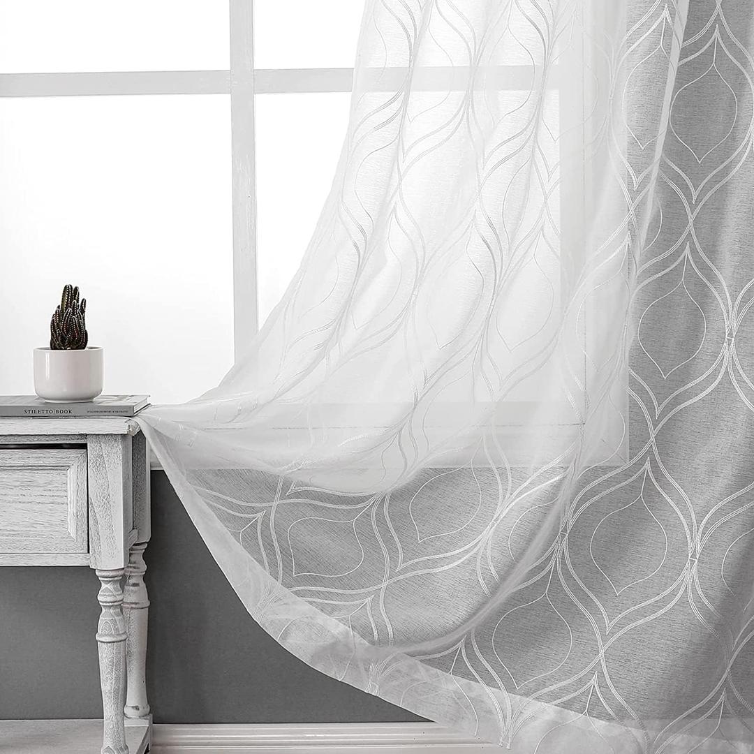 VISIONTEX Moroccan Embroidery White Sheer Curtains Panels Pair, Decor Rod Pocket Voile Tulle Semi Window Lattice Drapes for Home Kitchen and Dinning Room, 2 Pieces, 54 x 63 inch, Ivory White