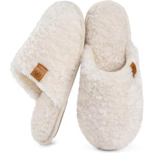 EverFoams Women's Fuzzy Slip-on Slippers Warm Cozy Soft Lightweight Memory Foam Indoor House Shoes (7-8, Cream White)