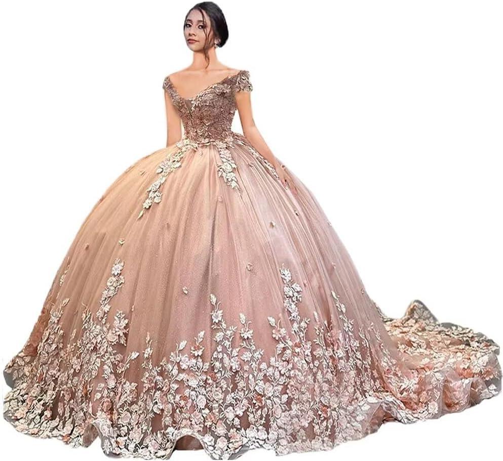 Mouccy Gorgeous Lace Beaded Quinceanera Dresses Puffy Off Shoulder Sweet 16 Dress with Train 3D Floral Prom Dress Ball Gown (Blush Pink, 6)