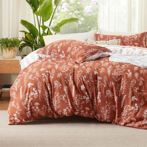 Bedsure Twin/Twin XL Duvet Cover - Reversible Terracotta Duvet Cover Set with Zipper Closure, 2 Pieces Cute Floral Botanical Pattern Bedding Set with 8 Corner Ties and 1 Pillow Sham