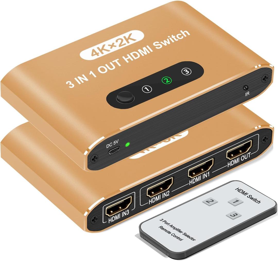 HDMI Switch 3 in 1 Out, 4K@60Hz HDMI Splitter with Remote Control, 3 Ports HDMI Switcher, Perfect for Full HD 4K 1080P 3D Video Roku Fire TV Blu-ray Players Stick Apple PS4/PS5 Xbox Chromecast (Gold)