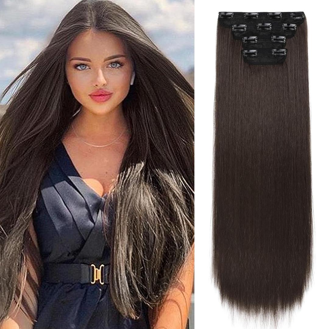 REECHO 28" Straight Long 4 PCS Set Thick Clip in on Hair Extensions -Dark Brown