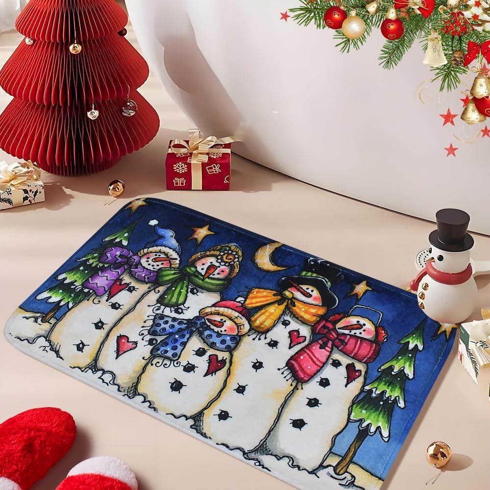 Quimoy Christmas Snowman Bath Mat, Flannel Christmas Bathroom Rugs with Non Slip PVC Backing, Washable Blue Snowman Family Bath Rug for Xmas Winter Bathroom Decor