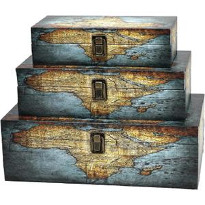 Jolitac Wood Storage Box Set of 3, Vintage Decorative Nesting Boxes Wooden Treasure Storage Crates With Latch, Home Decor Rustic Antique Boxes With Lid for Photos, Jewelry, Cash (Rectangle- Map)