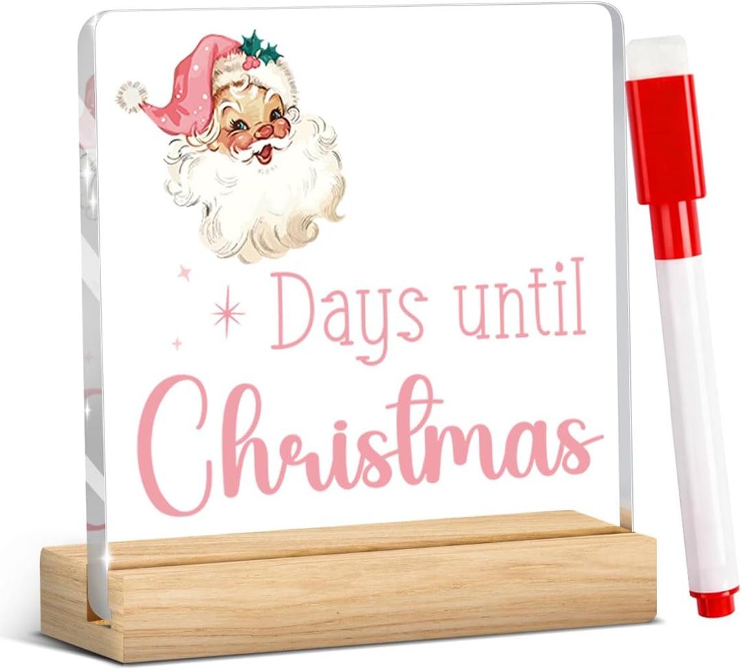 Funny Days Till Christmas Countdown Sign Christmas Countdown Calendar Acrylic Decor Xmas Vacation Sign Pink Santa Retro Decoration 4 x 4 Inch
