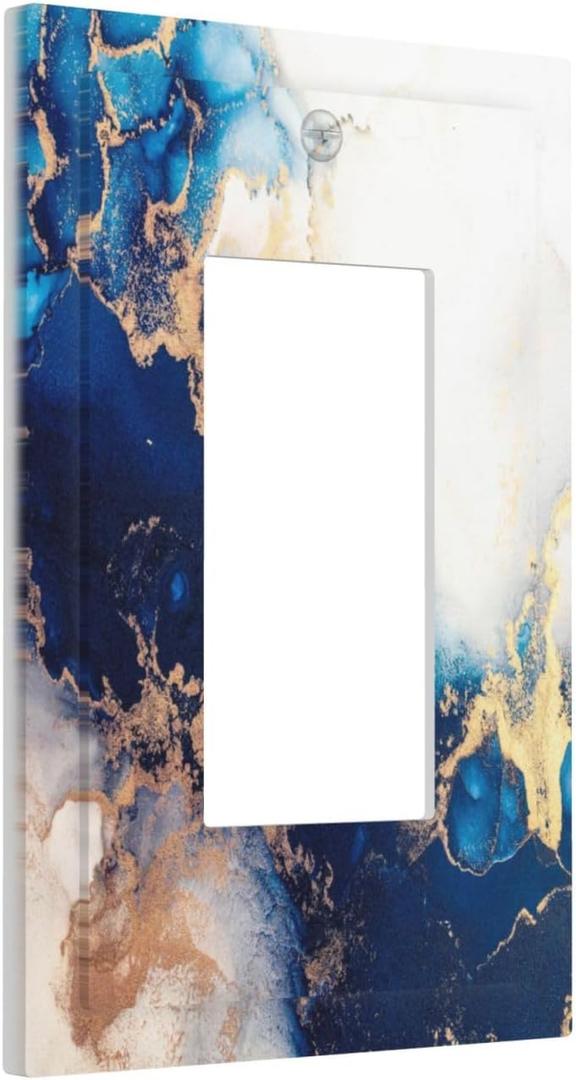 Art Marble Abstract 1 Gang Light Switch Cover Single Rocker Wall Plate Receptacle GFCI Blue And Gold Fluid Decorative Faceplate Standard Size for Bathroom Bedroom Home Decor