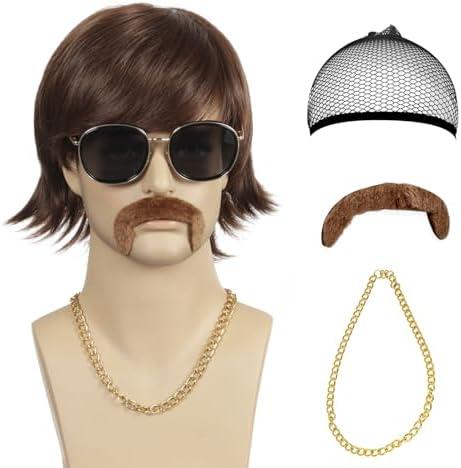 QACCF Mens 70's Wig | Mens 70s Gold Chain and Mustache and 60s Party Wig