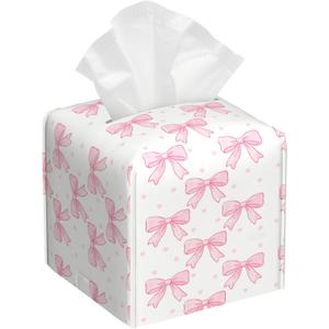 Pink Bow Tissue Box Holder Paper Organizer, PU Leather Tissue Case Cover, Bow Decor for Bathroom, Kitchen, Car