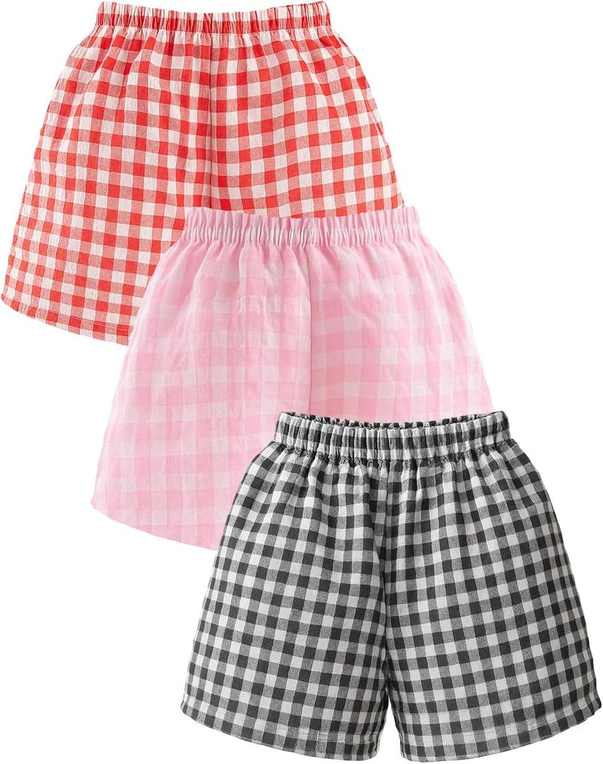 Shyyween 3 Pack Toddler Baby Girl Boy Gingham Shorts Infant Plaid Seersucker Casual Elastic Waist Shorts Pants Bottoms Summer(Black,Red,Pink,9-12months)