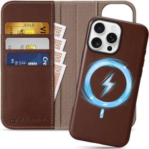 SHIELDON Case for iPhone 16 Pro Max, Genuine Leather 2 in 1 Wallet Kickstand RFID Blocking Card Holder Magnetic Shockproof Wireless Charging Case Compatible with iPhone 16 Pro Max - Retro Coffee