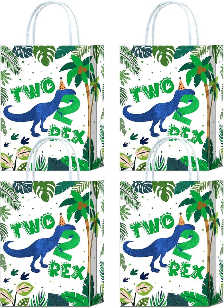 YanZonic Dinosaur 2nd Birthday Gift Bags, 16Pcs Two Rex Party Decorations, Dinosaur Birthday Decorations for 2 Year Old Boy, Green